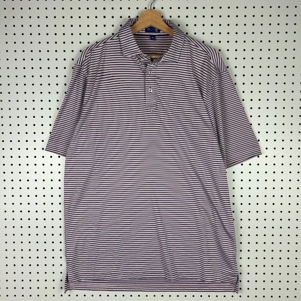 STITCH GOLF Polo Shirt Large Pink Navy Blue Striped Performance Stretch NO‎ LOGO